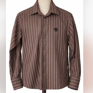 Versace Jeans Couture Shirt Medusa Italy L Brown Striped Snaps Classic Designer